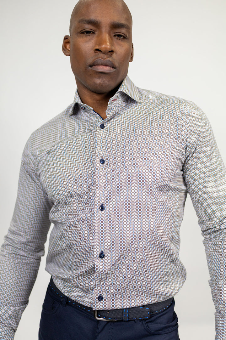 Brown and Blue Diamond Print Sport Shirt
