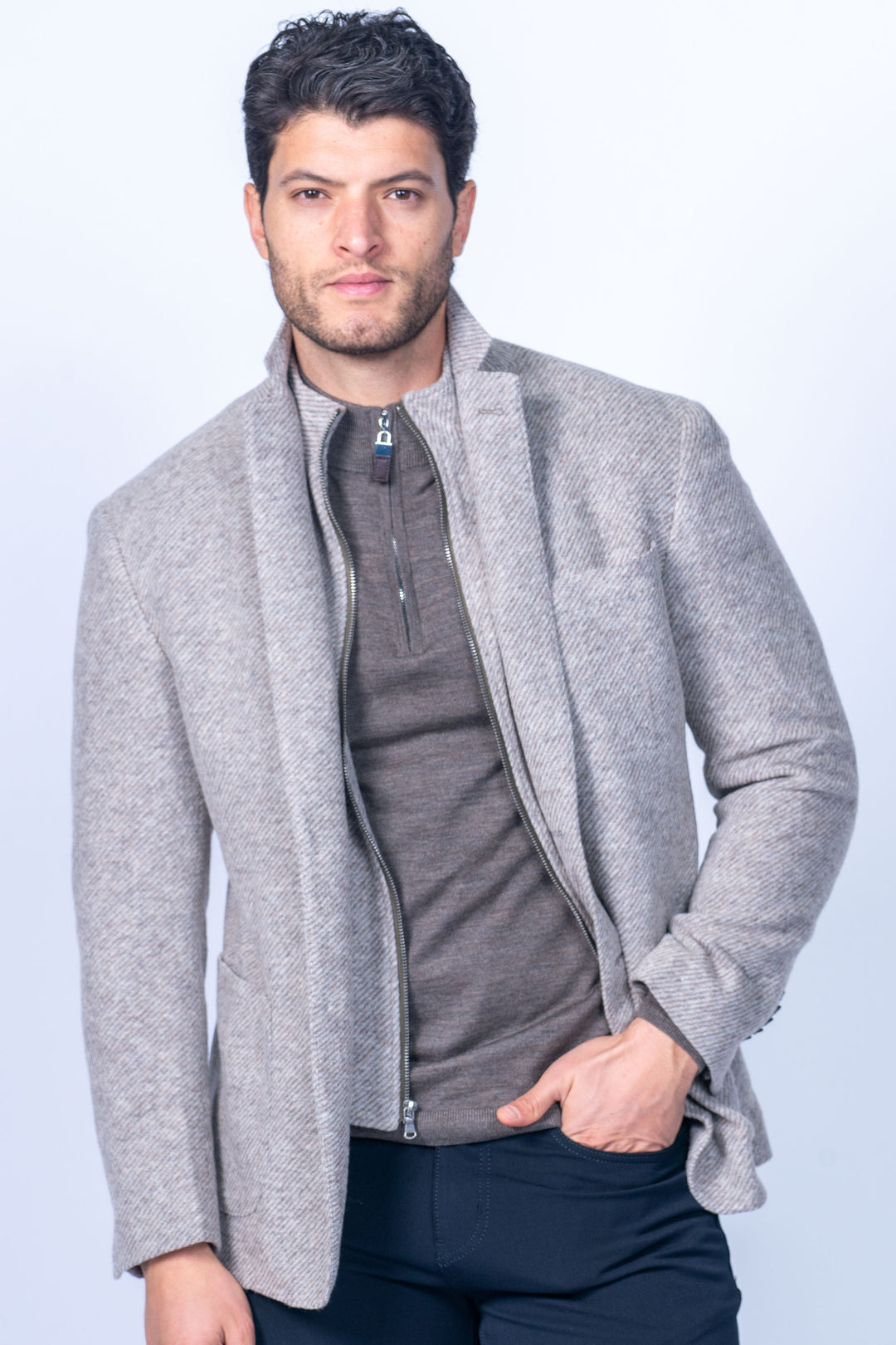 Claremont Beige Knit Twill Wool Blend Hybrid Sport Coat