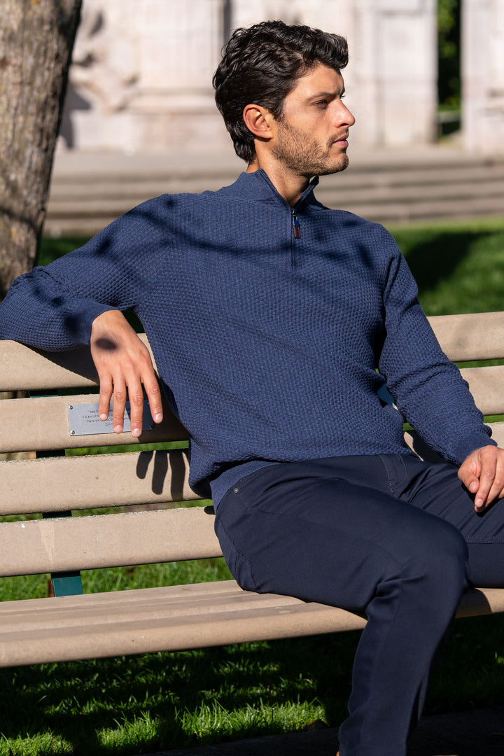 Dolomite 1/4 Zip Waffle Knit 16 Gauge Fine Cotton in Navy Marl