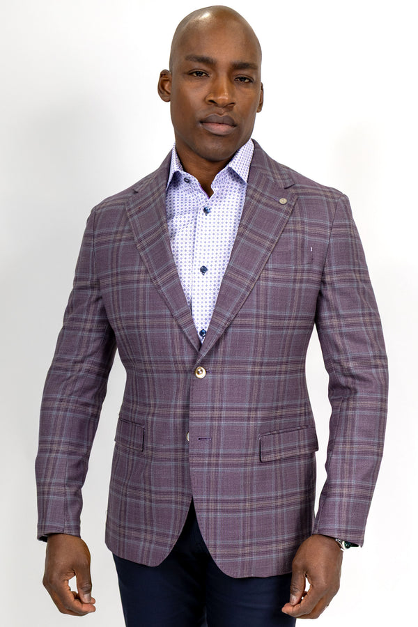 Catania Wine Super 100's Wool Natural Stretch Glen Plaid Sport Coat