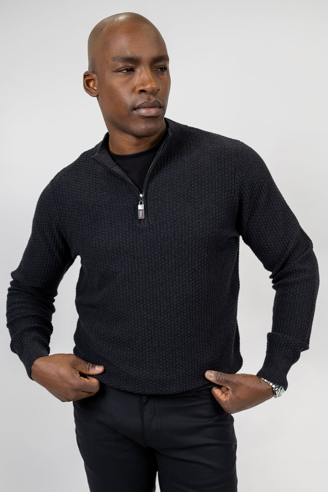 Dolomite 1/4 Zip Waffle Knit 16 Gauge Fine Cotton in Black Marl