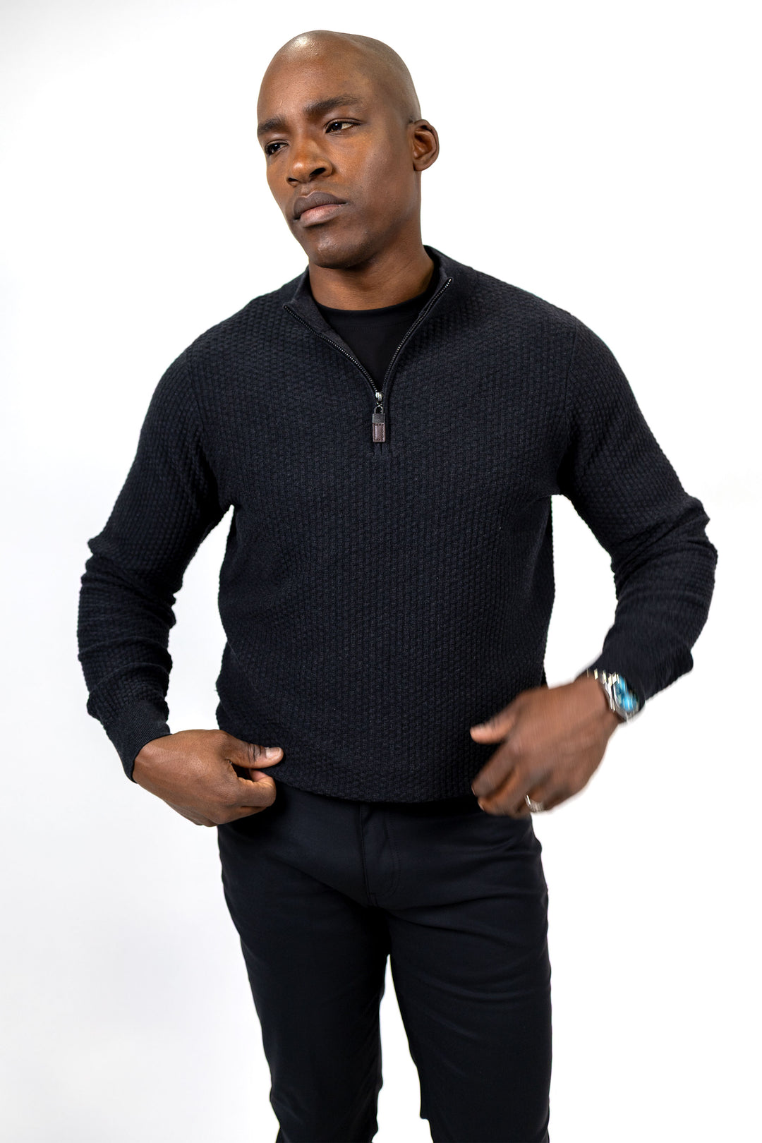 Dolomite 1/4 Zip Waffle Knit 16 Gauge Fine Cotton in Black Marl