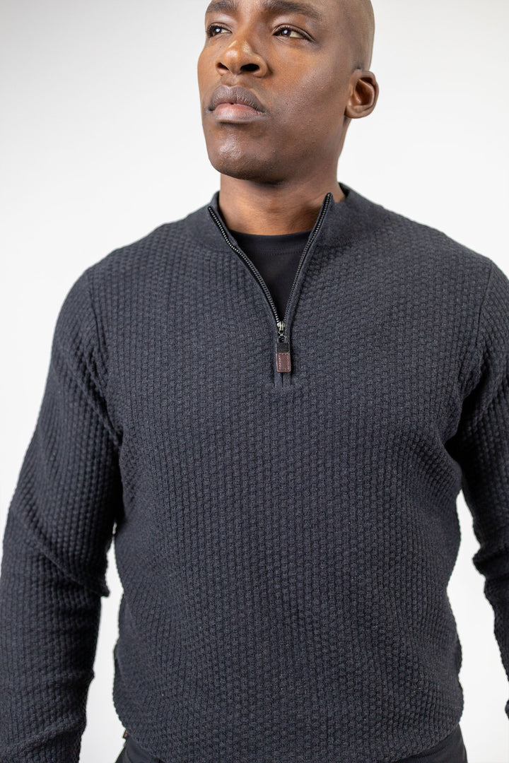 Dolomite 1/4 Zip Waffle Knit 16 Gauge Fine Cotton in Black Marl