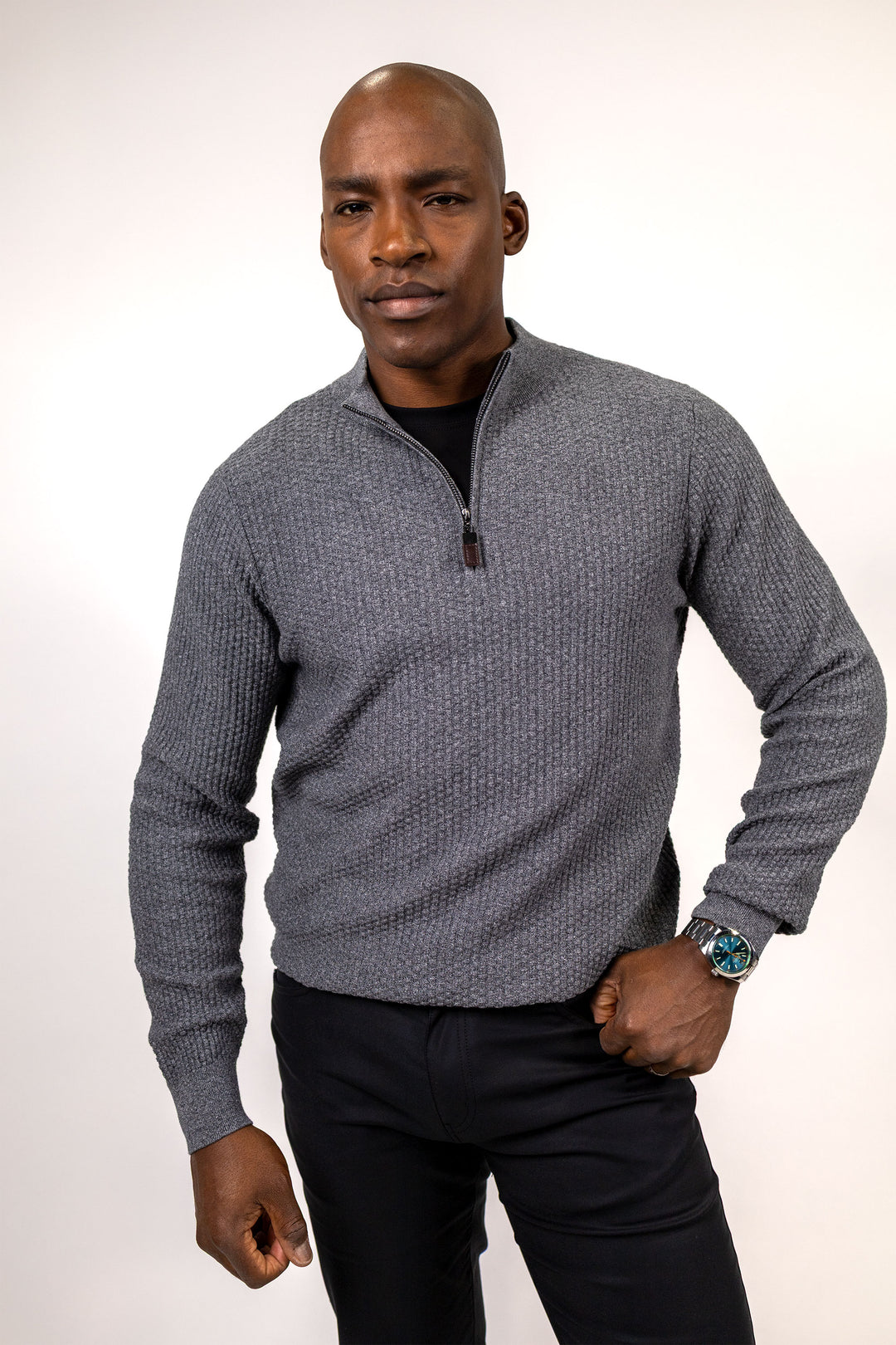 Dolomite 1/4 Zip Waffle Knit 16 Gauge Fine Cotton in Grey