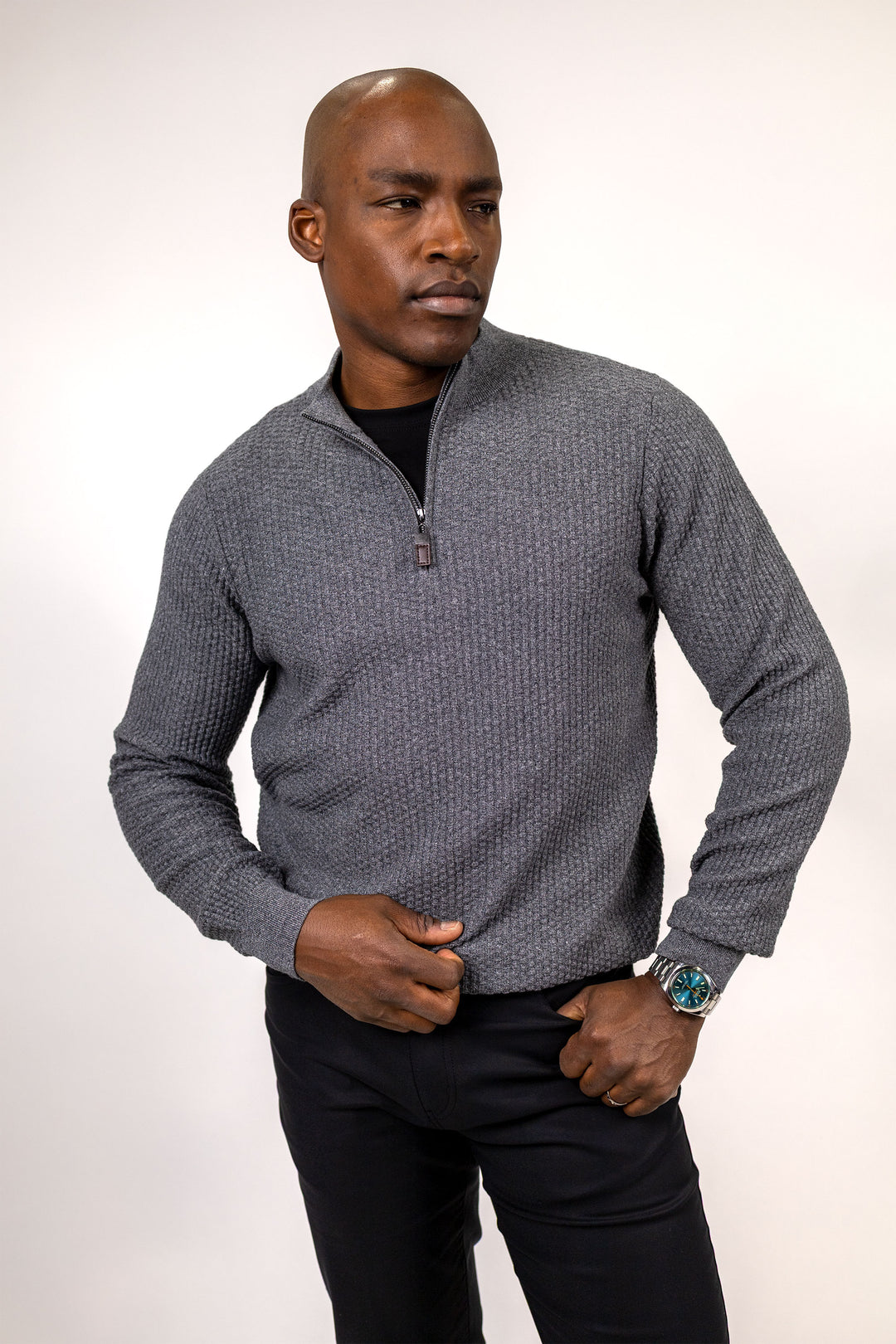 Dolomite 1/4 Zip Waffle Knit 16 Gauge Fine Cotton in Grey