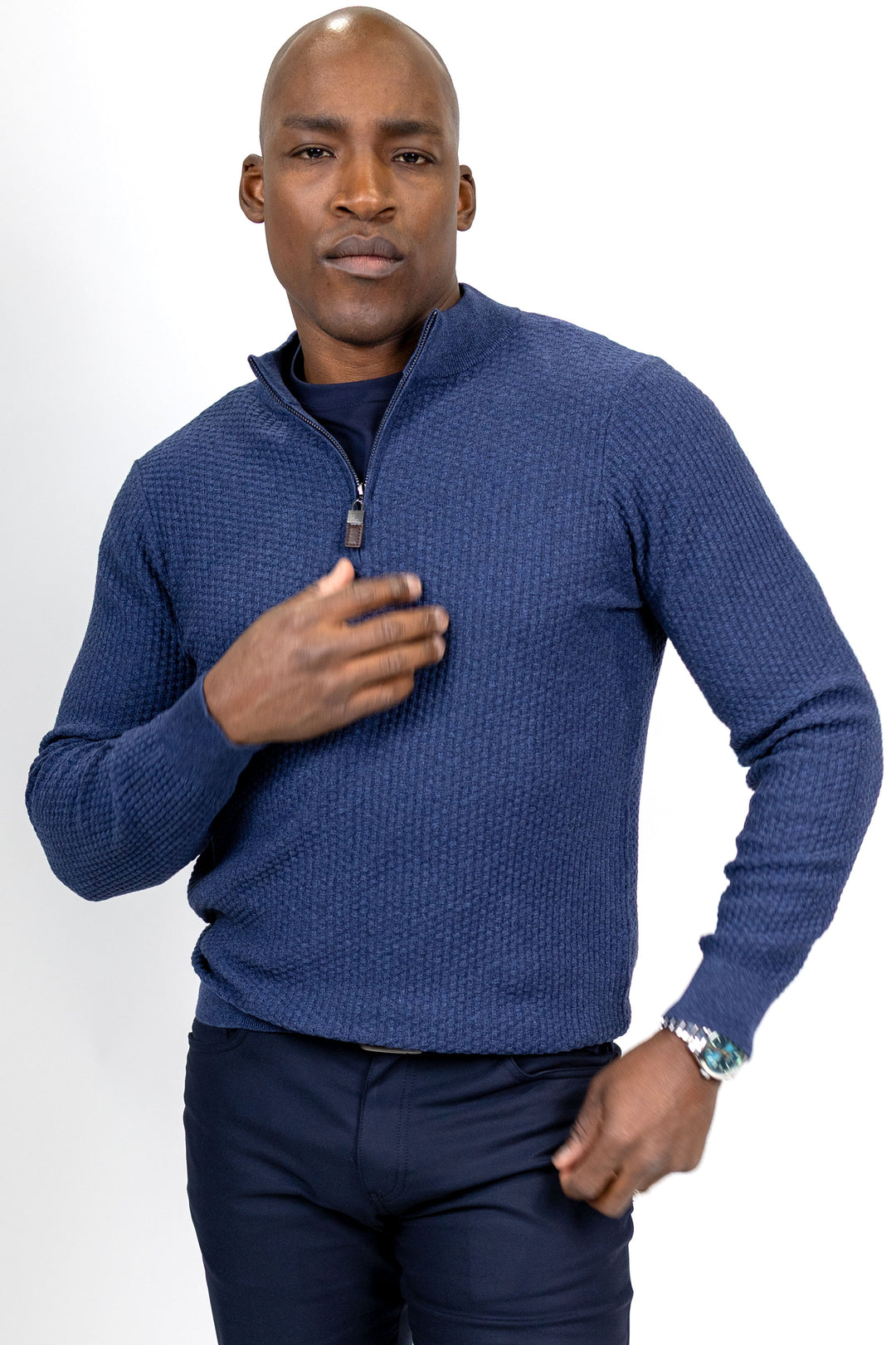 Dolomite 1/4 Zip Waffle Knit 16 Gauge Fine Cotton in Navy Marl