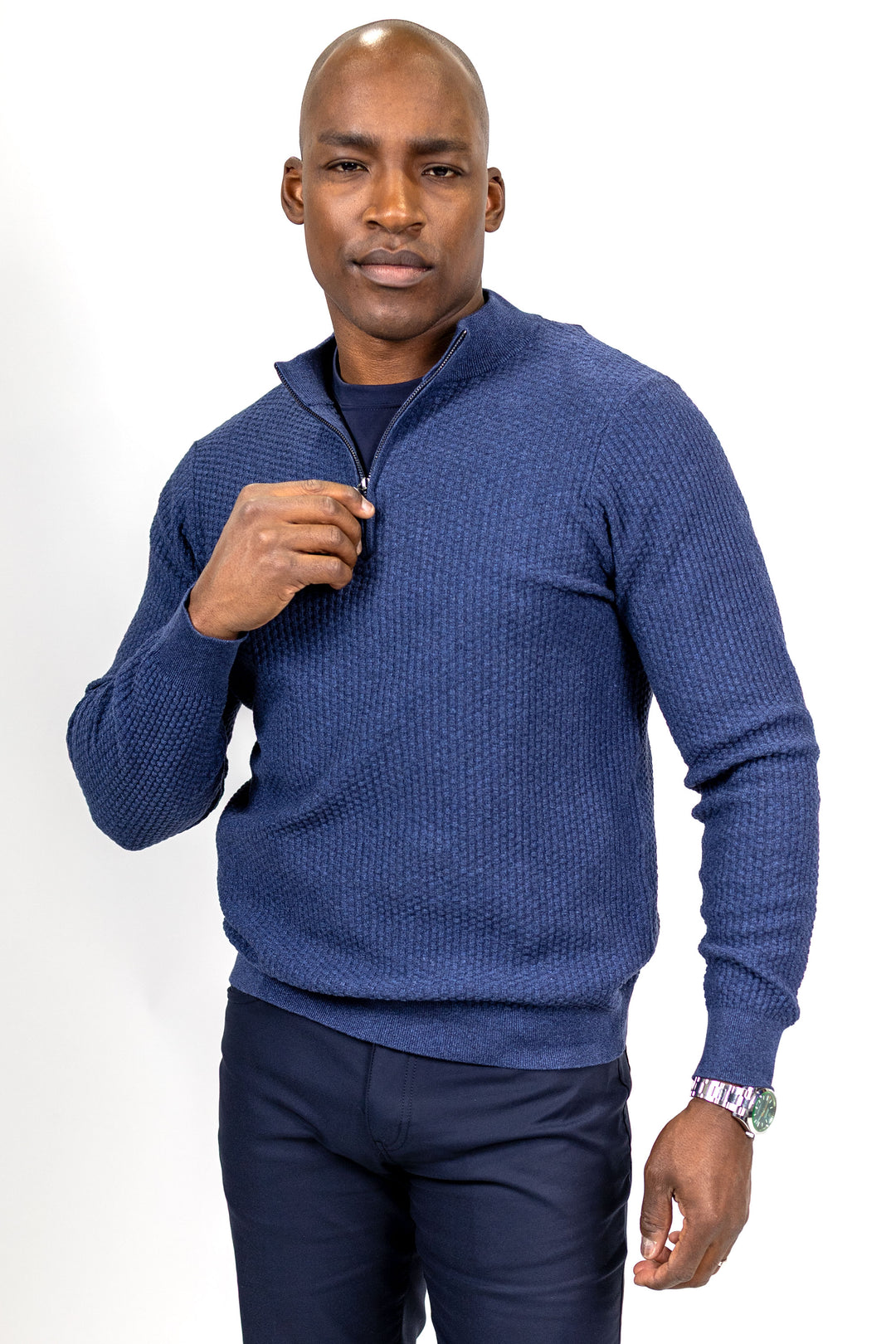 Dolomite 1/4 Zip Waffle Knit 16 Gauge Fine Cotton in Navy Marl