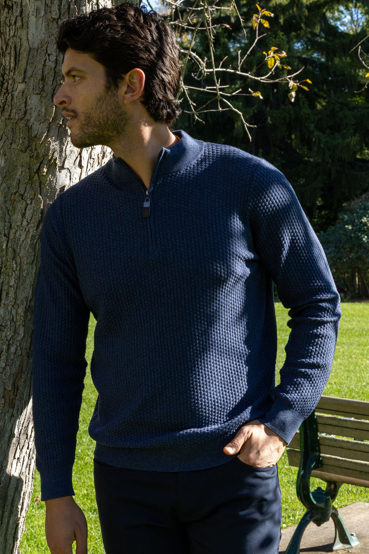 Dolomite 1/4 Zip Waffle Knit 16 Gauge Fine Cotton in Navy Marl