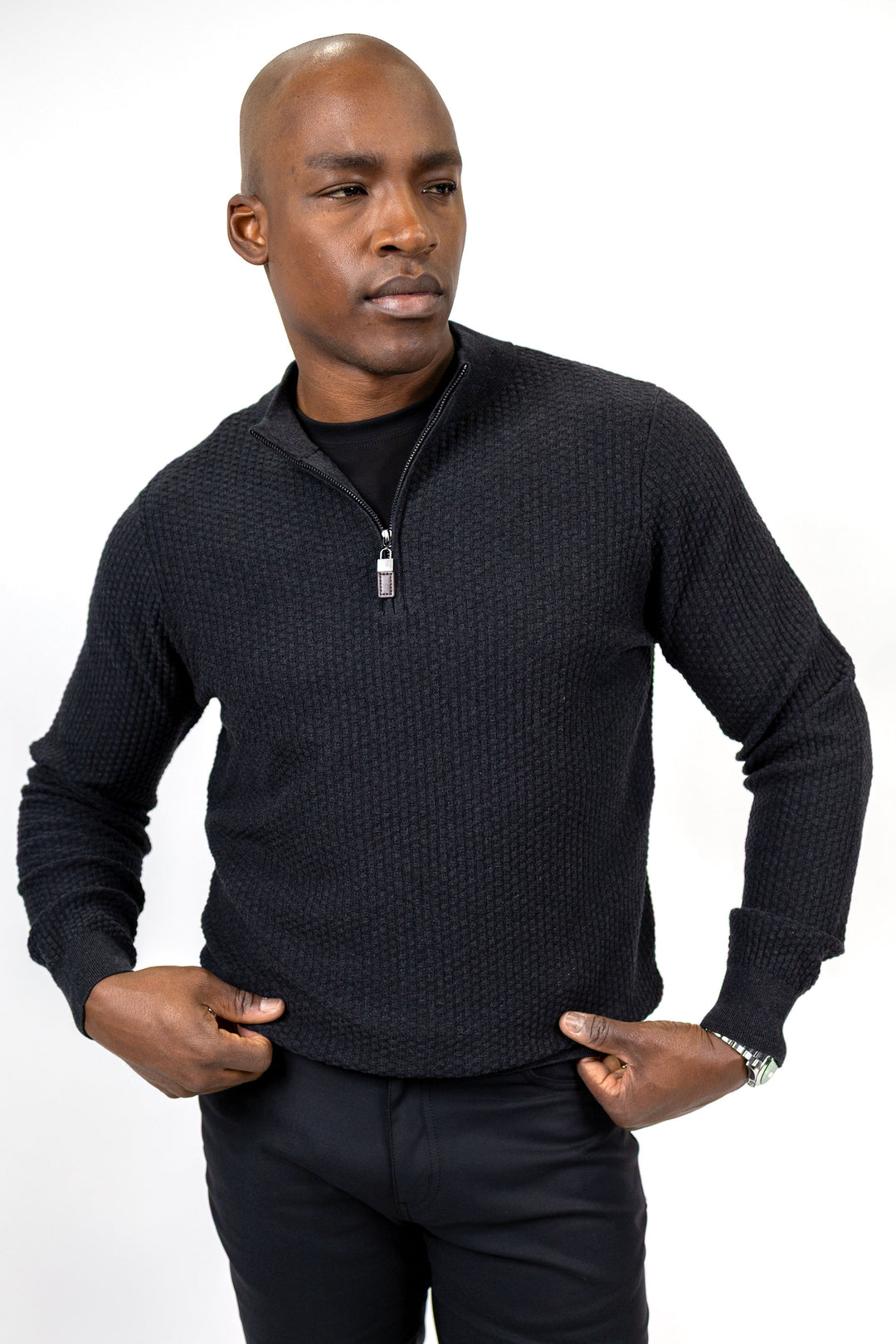 Dolomite 1/4 Zip Waffle Knit 16 Gauge Fine Cotton in Black Marl