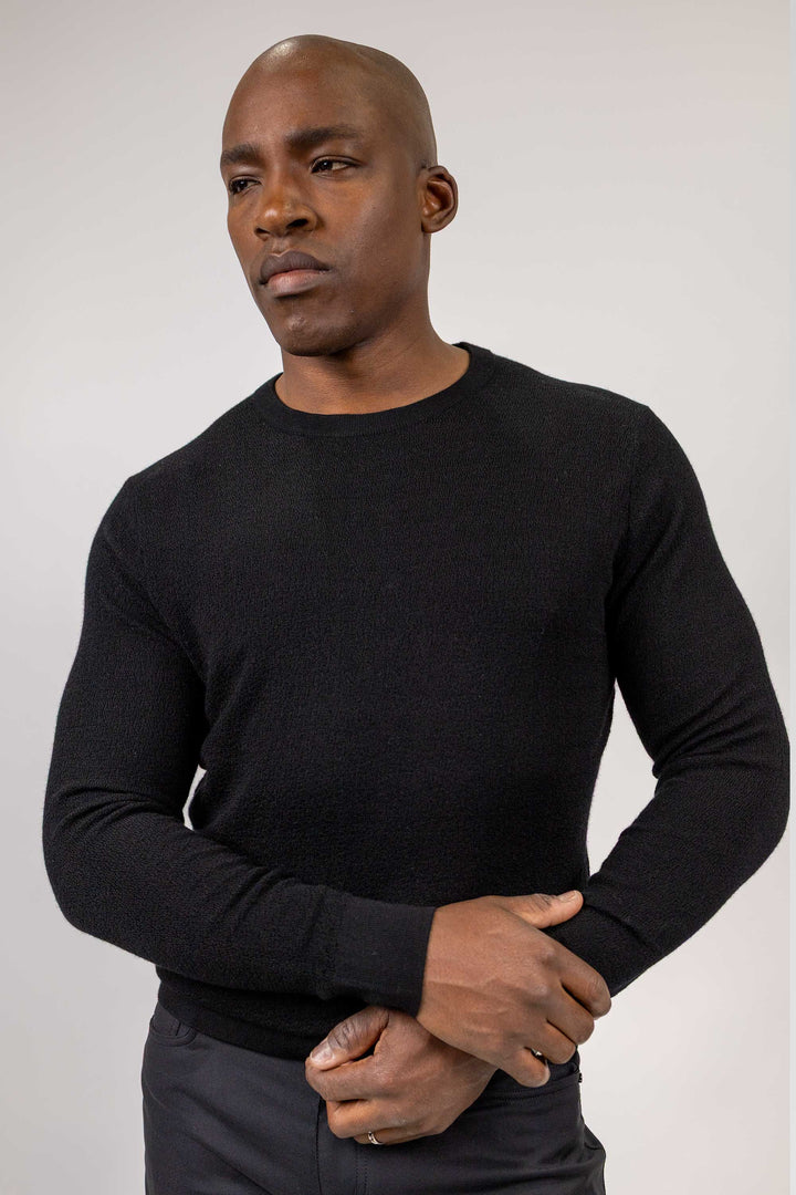 Elton Black Textured Crewneck 100 % Merino Wool