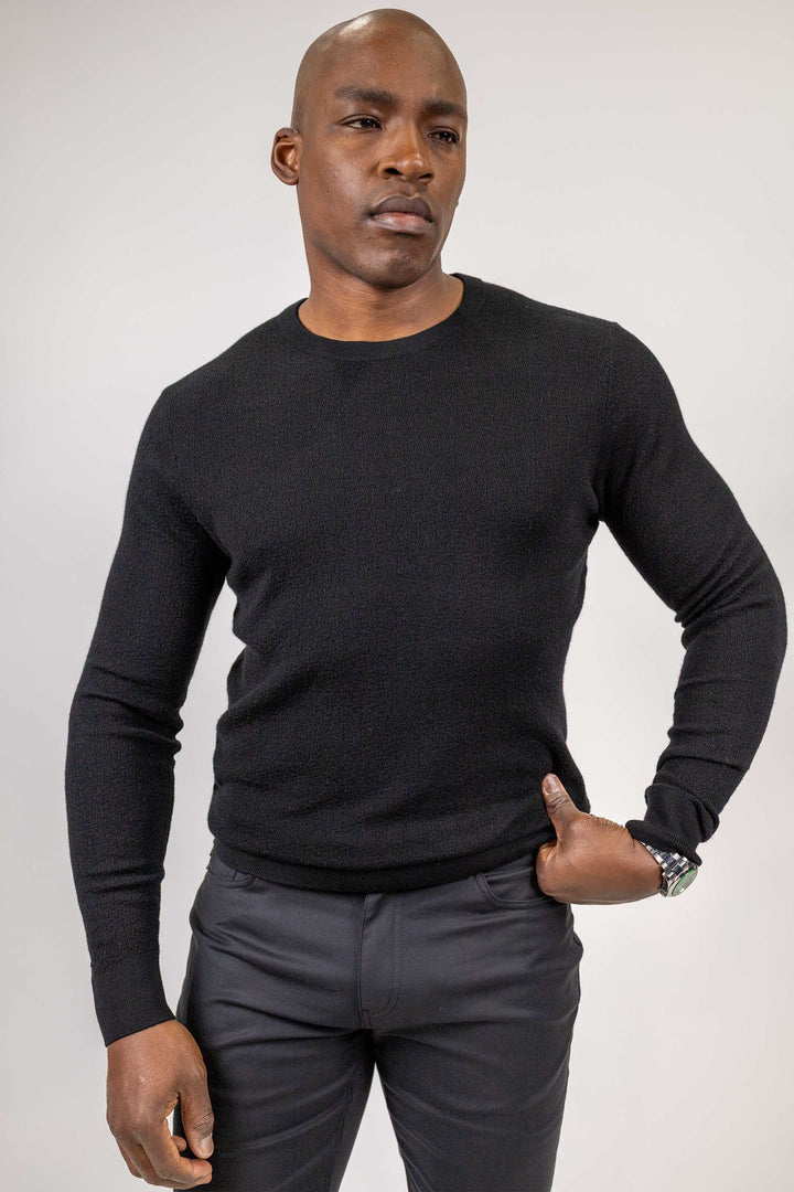 Elton Black Textured Crewneck 100 % Merino Wool