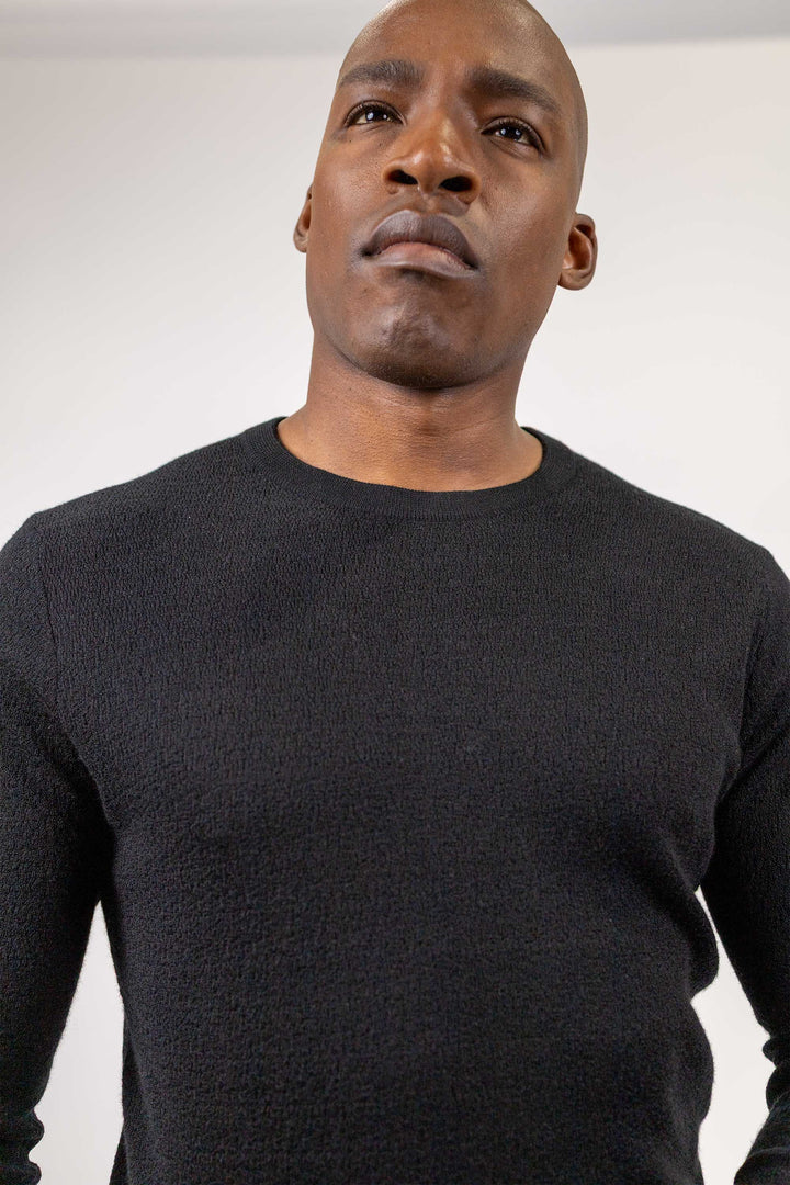 Elton Black Textured Crewneck 100 % Merino Wool