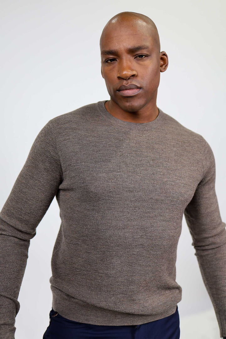 Elton Camel Textured Crewneck 100 % Merino Wool