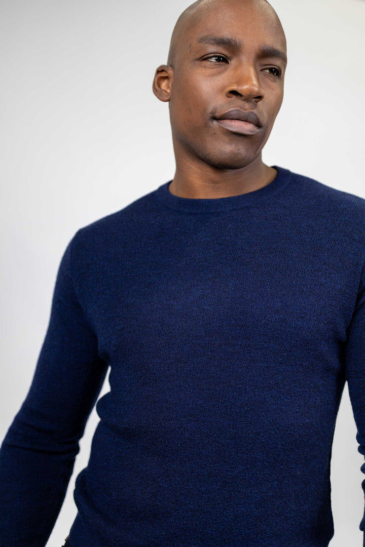 Elton Navy Textured Crewneck 100 % Merino Wool