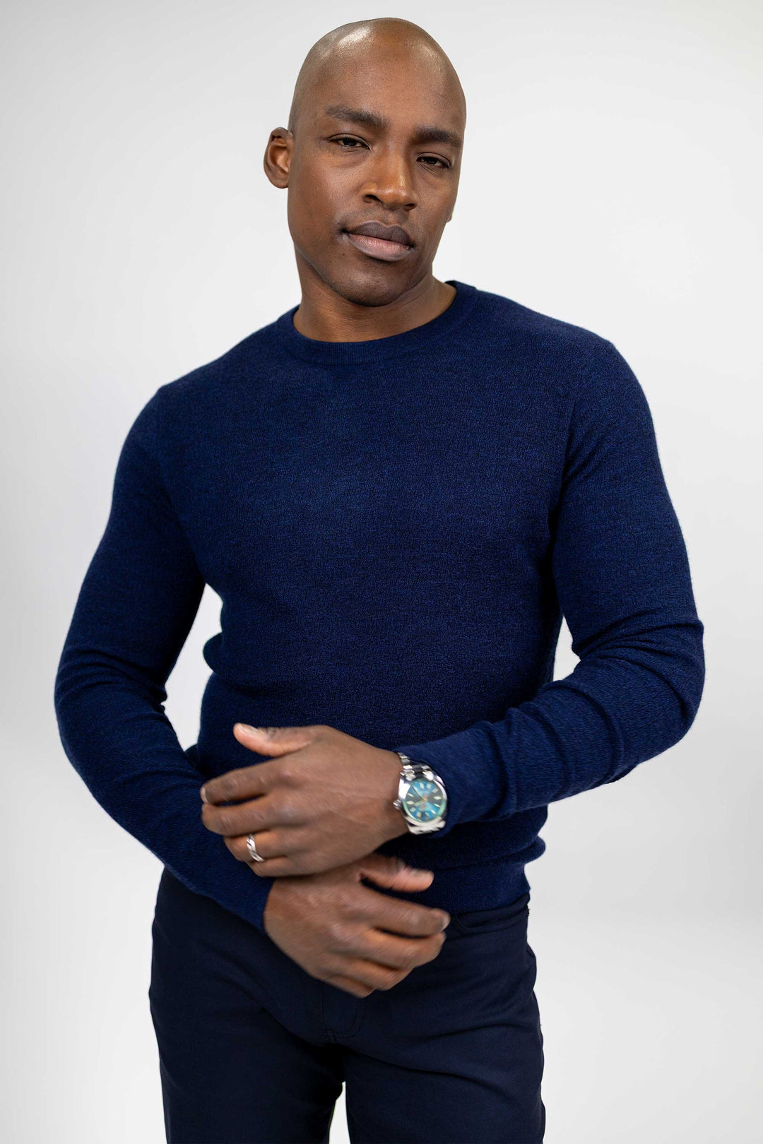 Elton Navy Textured Crewneck 100 % Merino Wool