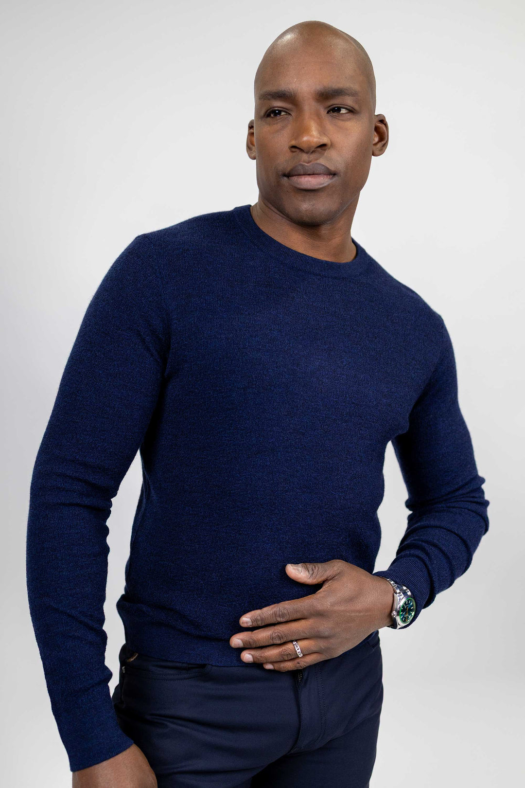Elton Navy Textured Crewneck 100 % Merino Wool