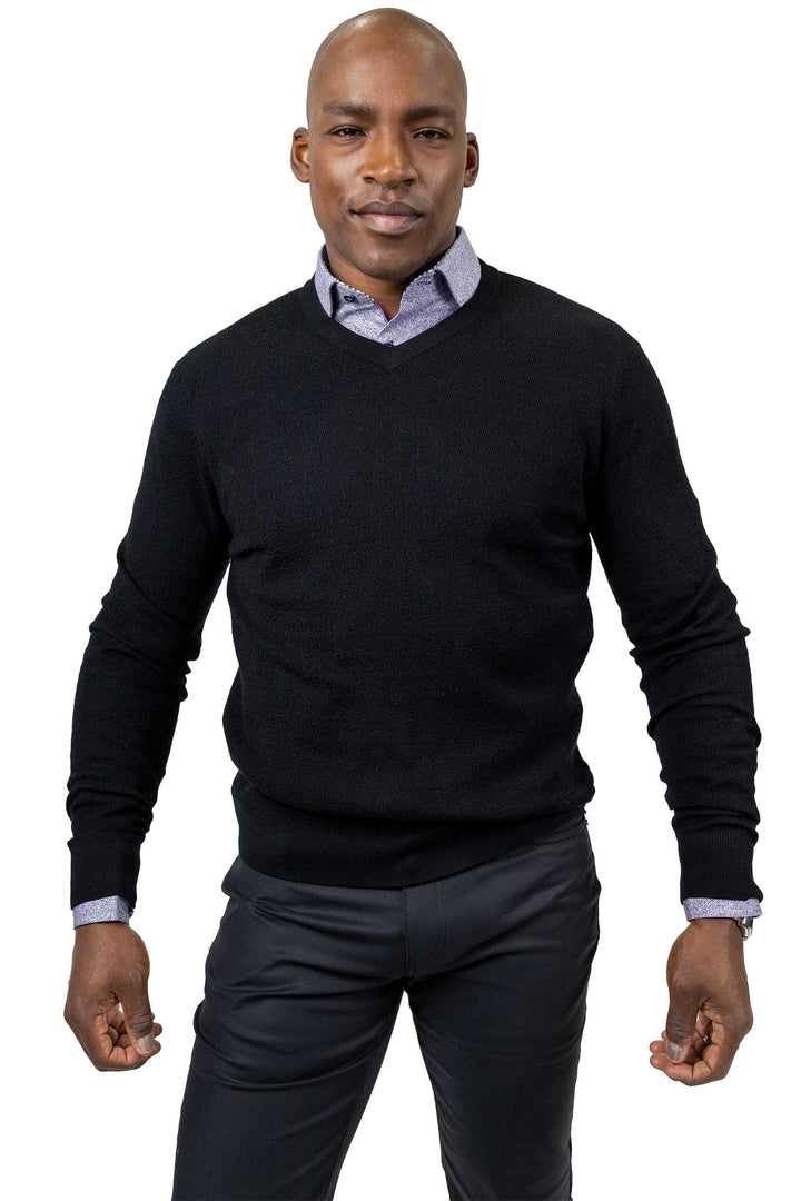 Elton Black Textured V-Neck 100 % Merino Wool