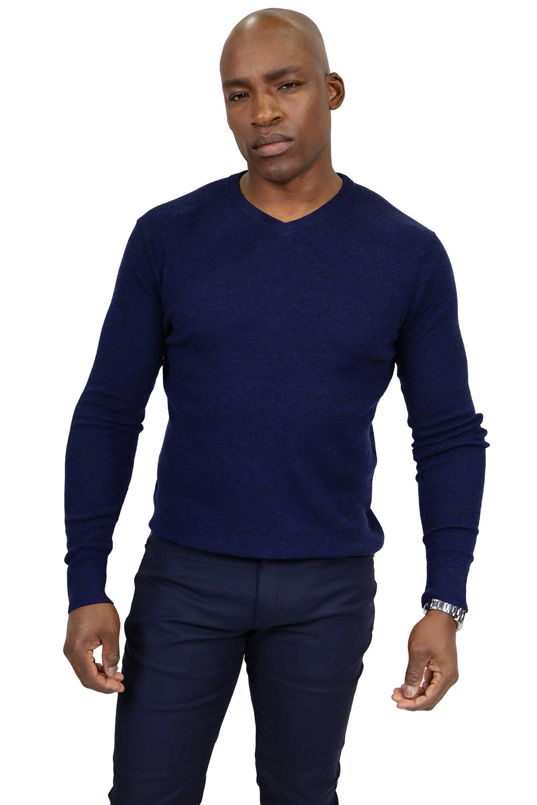 Elton Navy Textured V-Neck 100 % Merino Wool