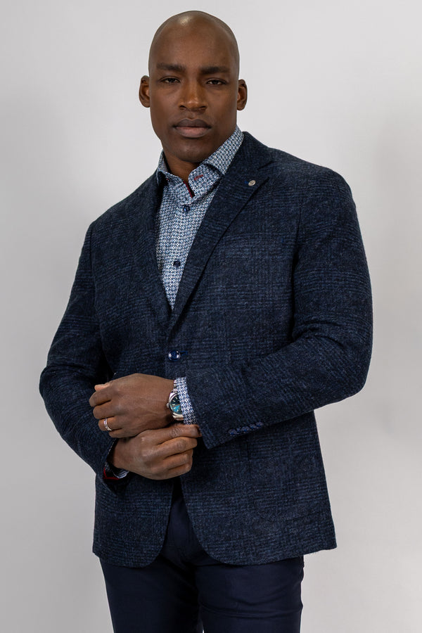 Louis Navy Glen Plaid Boucle Wool Blend Knit Sport Coat