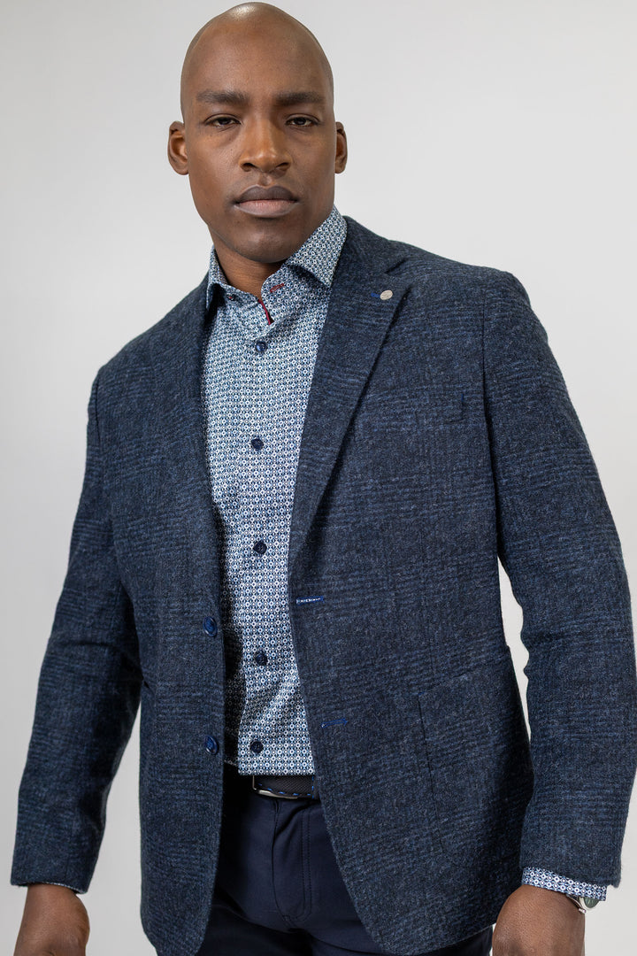 Louis Navy Glen Plaid Boucle Wool Blend Knit Sport Coat