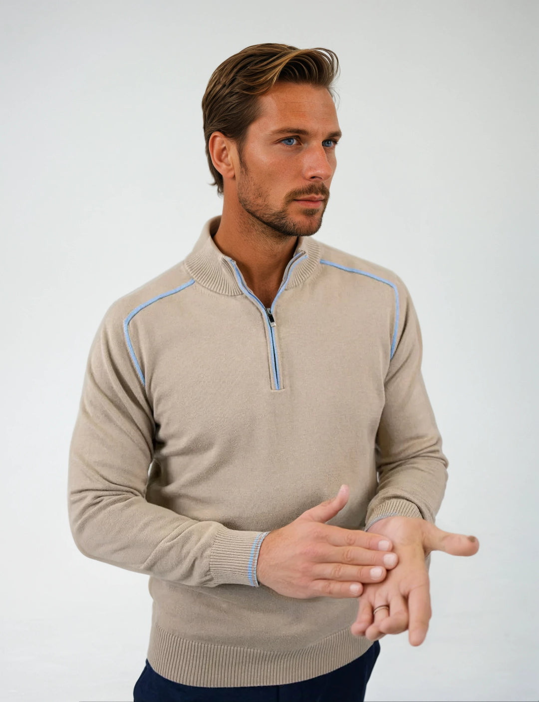 Beige Quarter Zip Sweater with Light Blue Trim